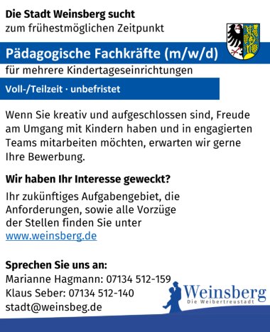 Stellenanzeige Pädagogische Fachkräfte